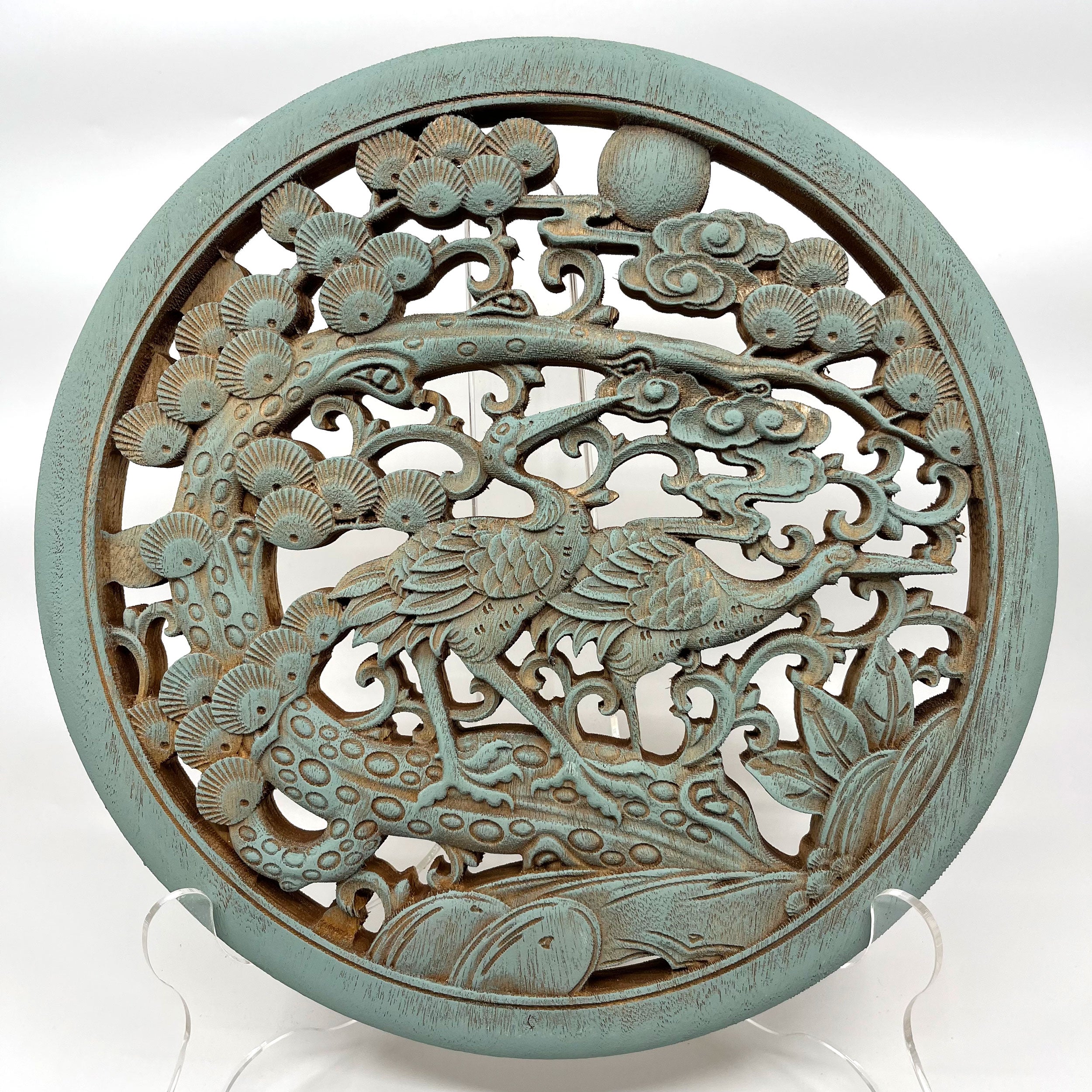 Cranes and Pine Tree Wooden Carving