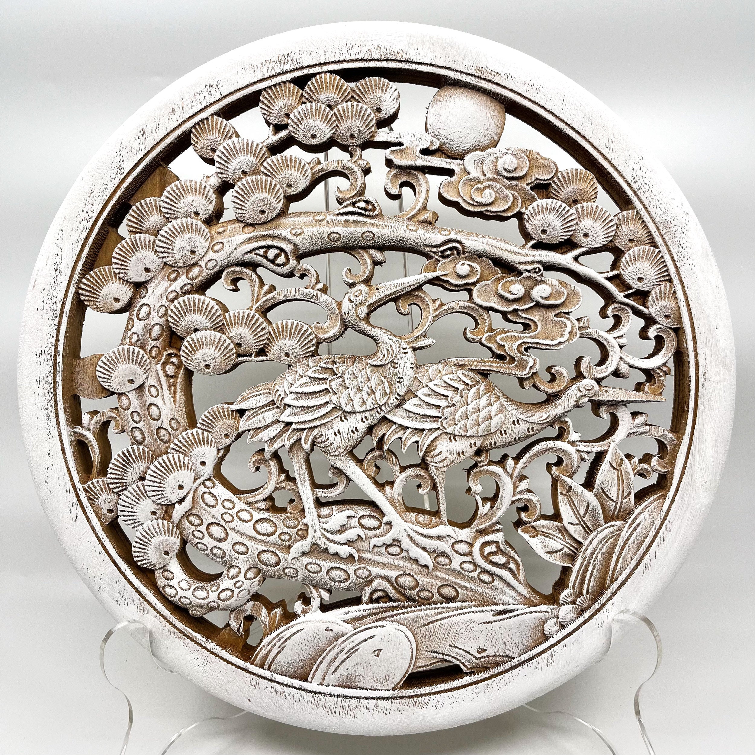 Cranes and Pine Tree Wooden Carving