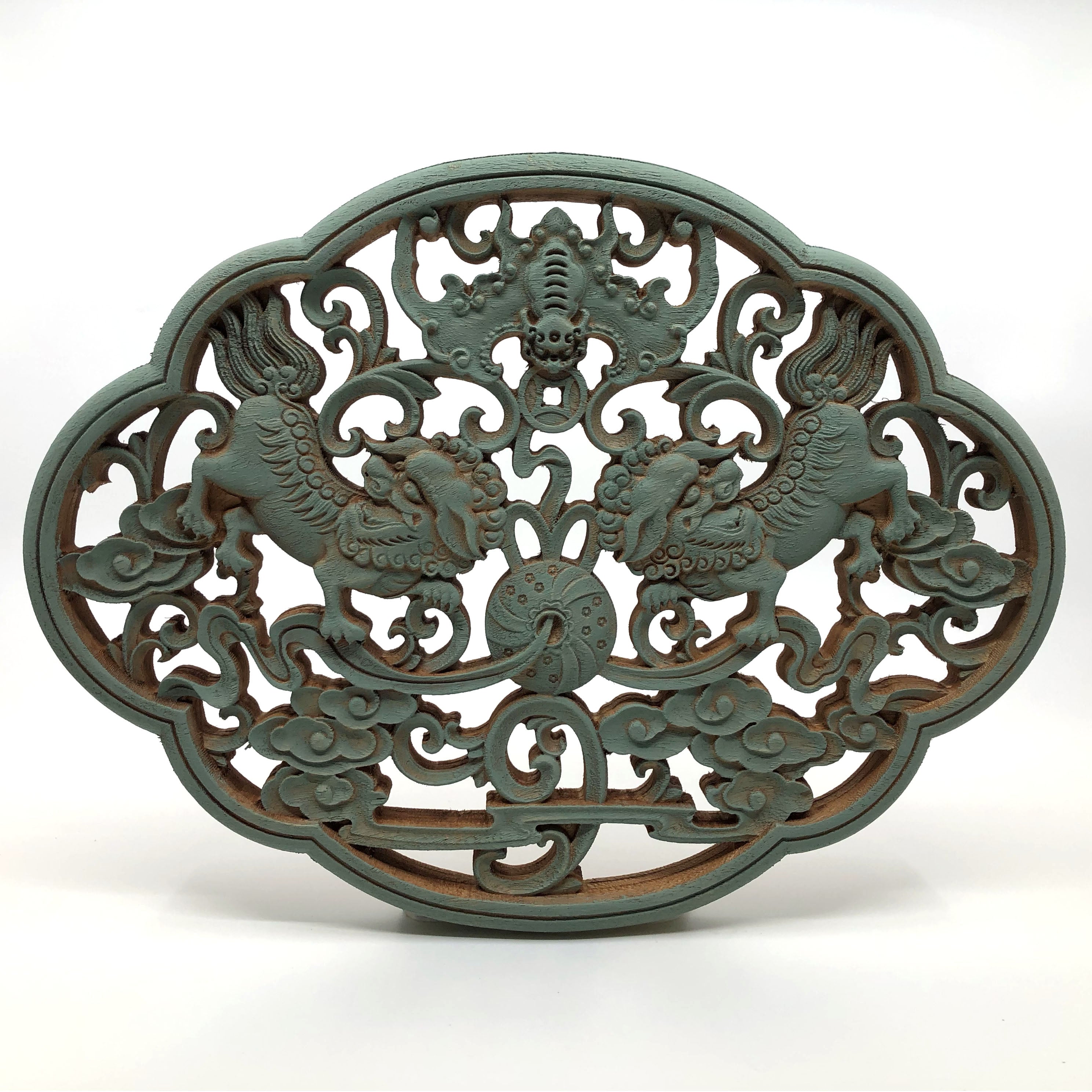 Guardian Lions Wooden Carving