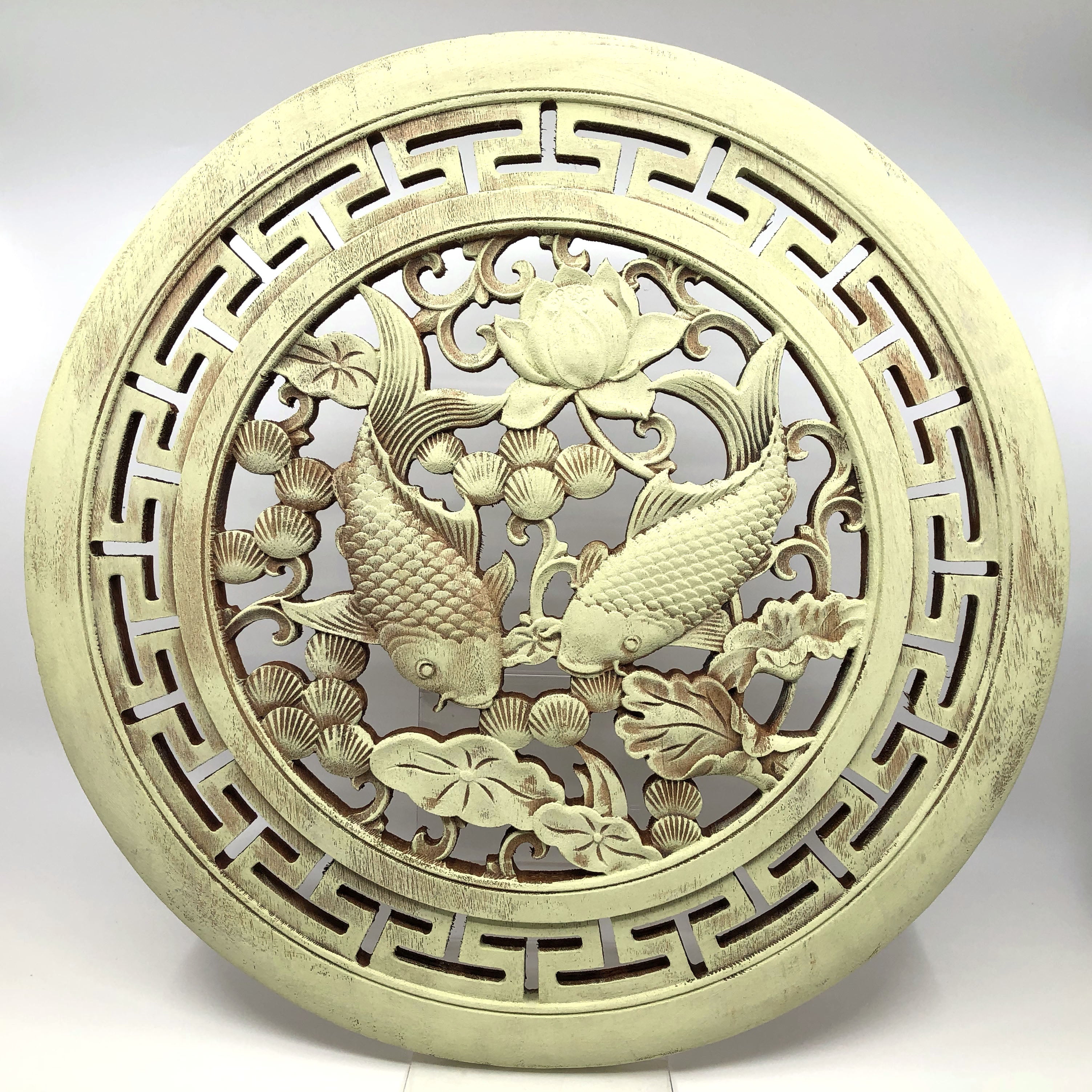 Carp and Lotus Big Wooden Carving