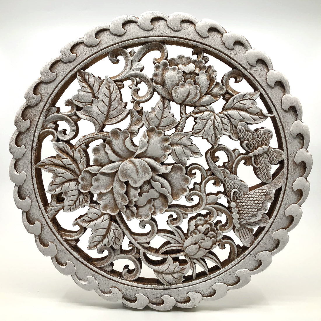 Butterflies and Peonies Wooden Carving