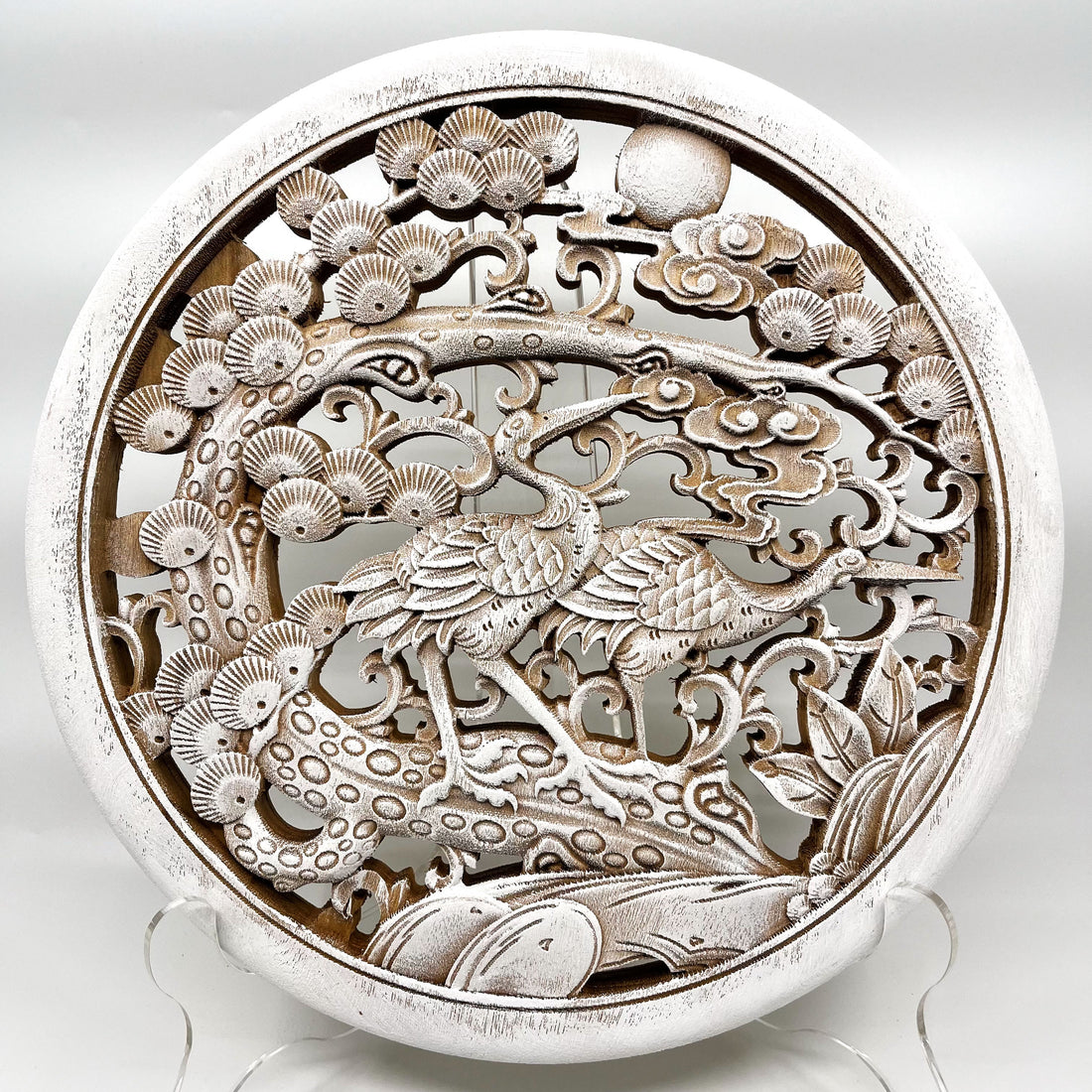 Cranes and Pine Tree Wooden Carving