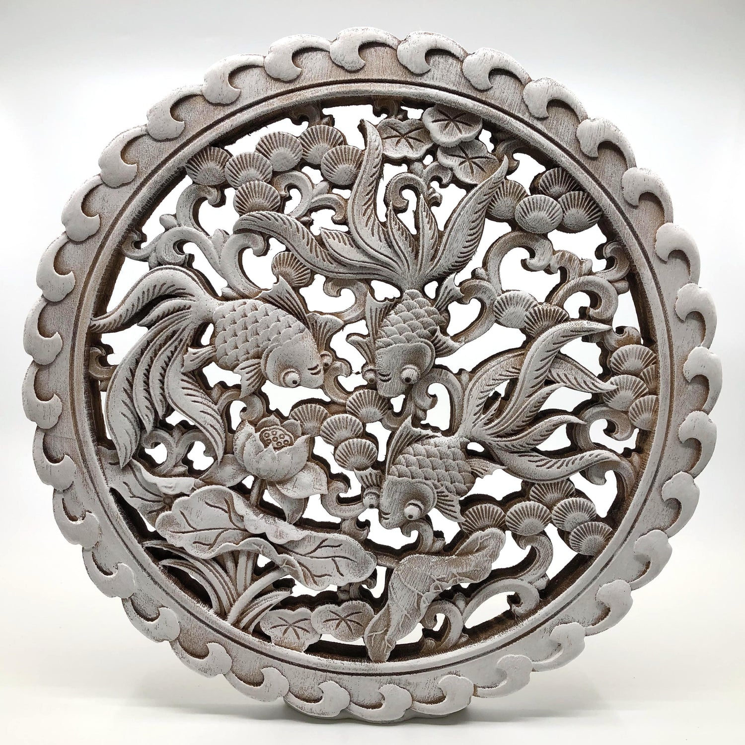 Goldfish and Lotus Wooden Carving