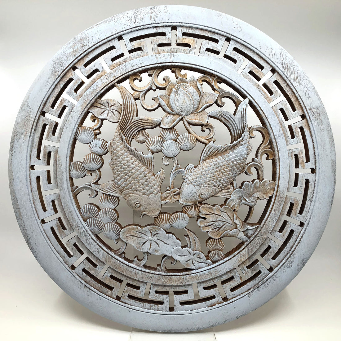 Carp and Lotus Big Wooden Carving