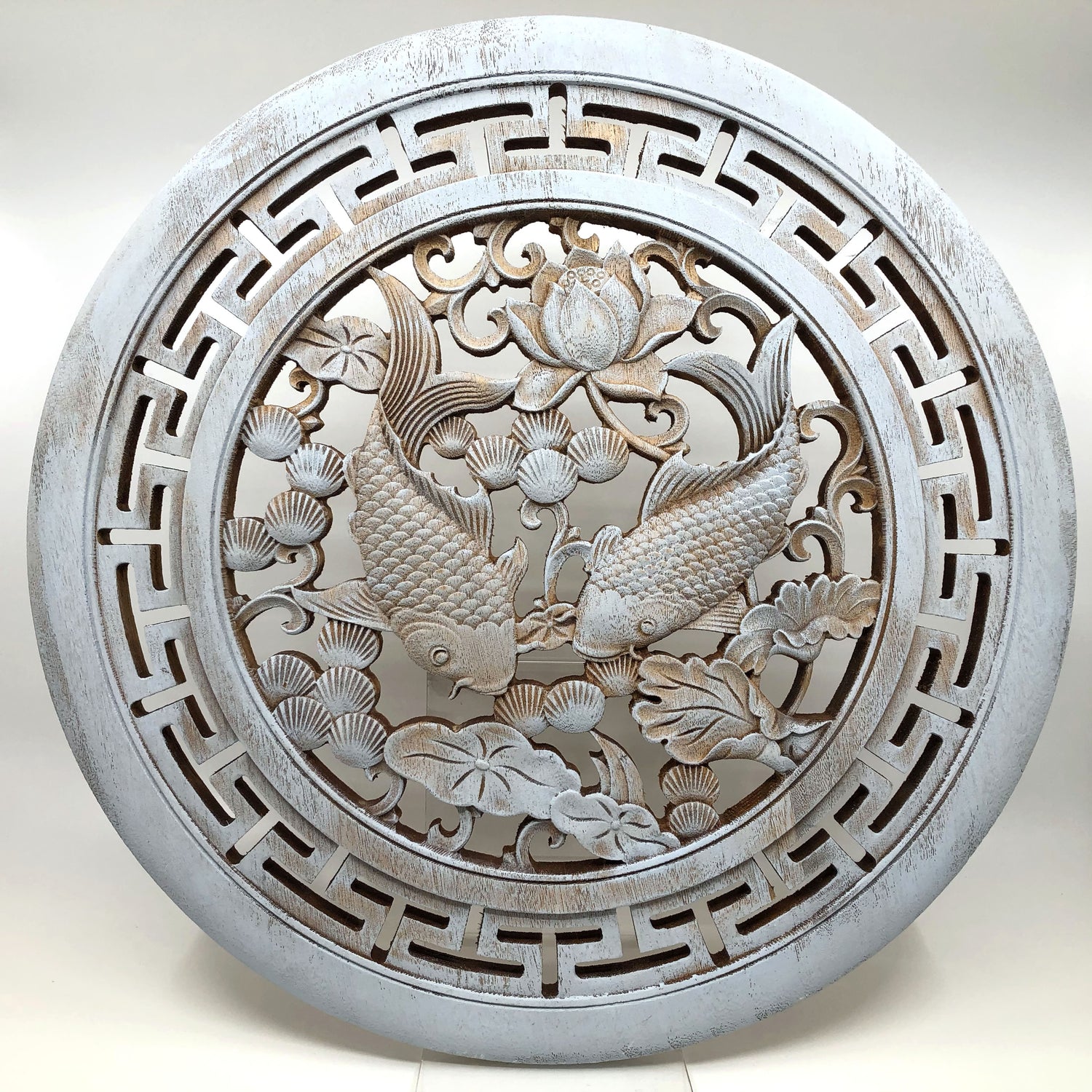 Carp and Lotus Big Wooden Carving