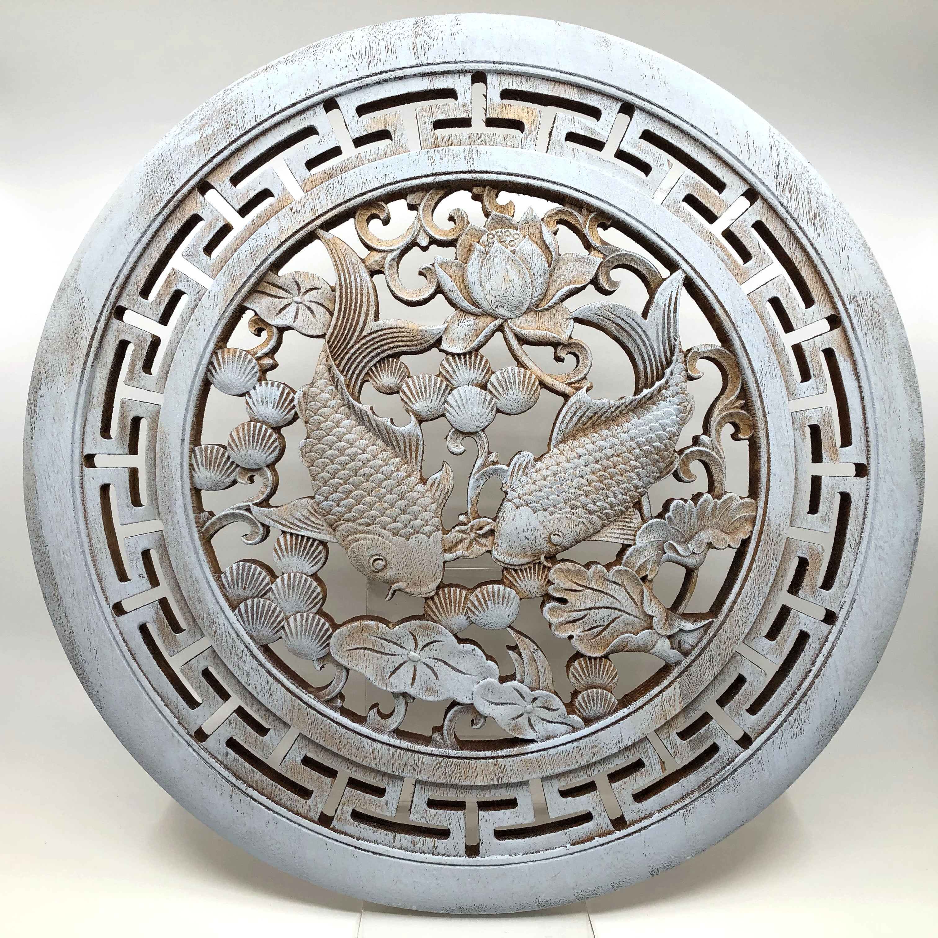 Carp and Lotus Big Wooden Carving