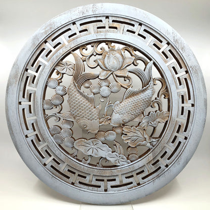 Carp and Lotus Big Wooden Carving